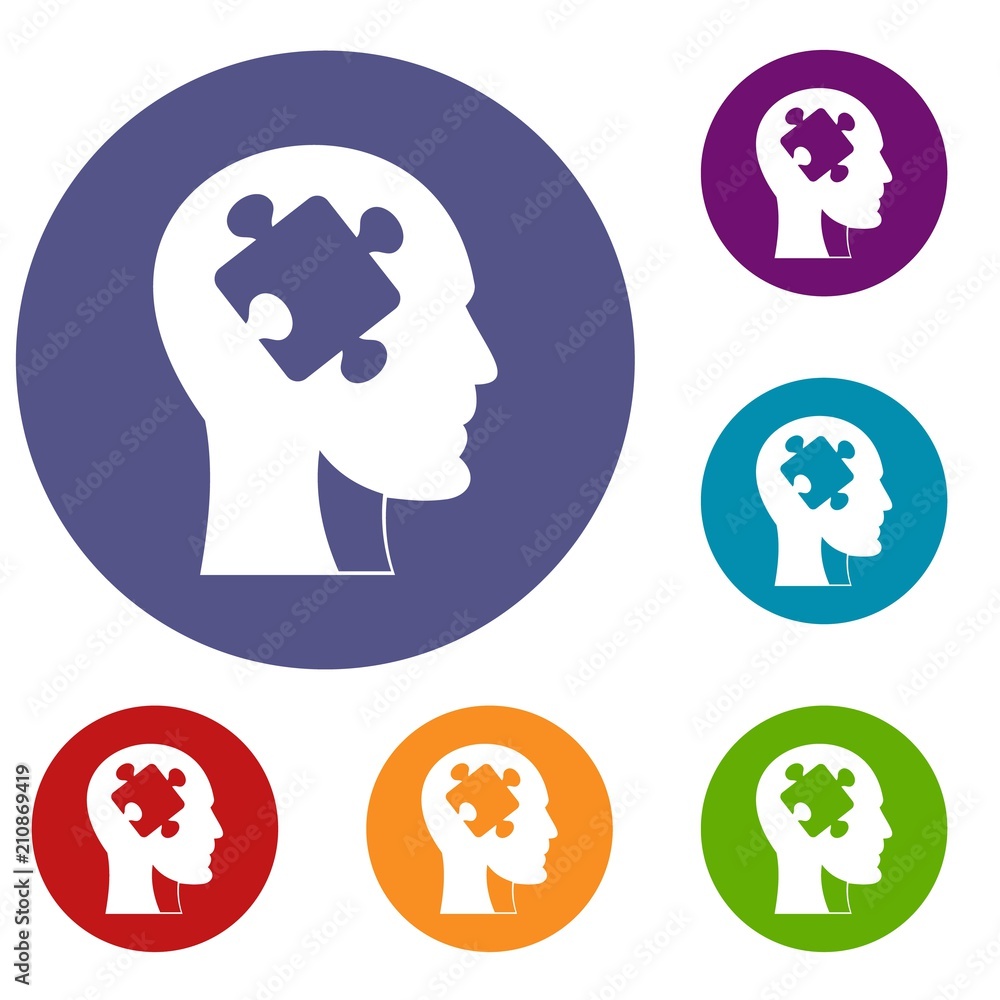 Poster head with puzzle icons set in flat circle red, blue and green color for web