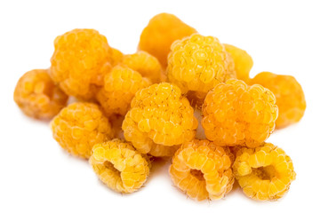 yellow raspberries with leaf isolated on white background macro