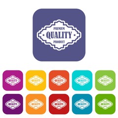 Premium quality product label icons set vector illustration in flat style in colors red, blue, green, and other