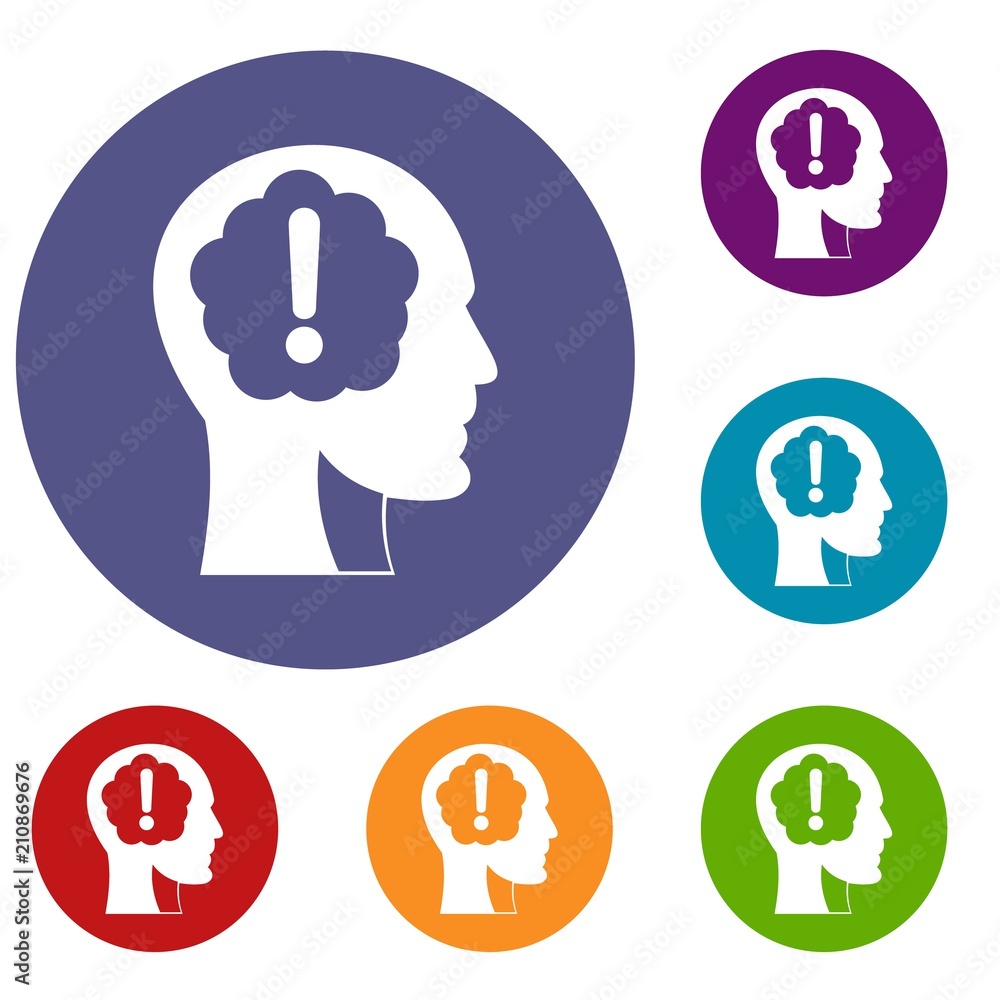 Poster head with exclamation mark inside icons set in flat circle red, blue and green color for web