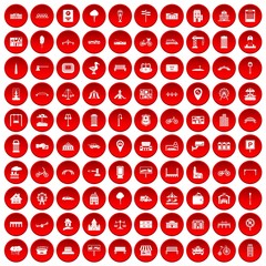 100 city icons set in red circle isolated on white vector illustration