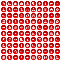 100 clothing and accessories icons set in red circle isolated on white vector illustration