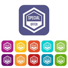 Special offer pentagon icons set vector illustration in flat style in colors red, blue, green, and other