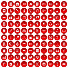 100 college icons set in red circle isolated on white vector illustration