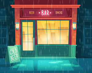 Obraz premium Vector background with bar at bad weather, rain. Facade of building with illumination, signboard. Entrance of fast food taproom with beer and snacks. Outdoor architecture background