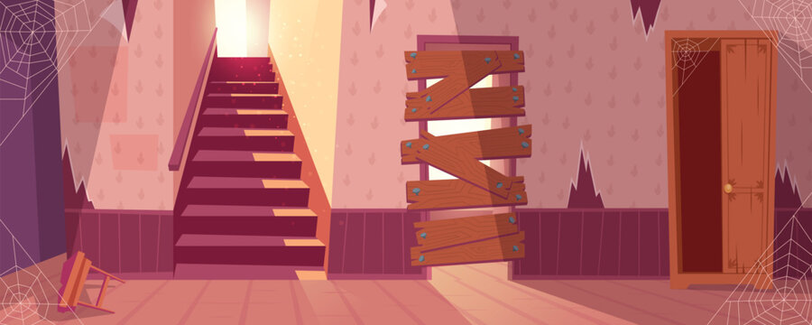 Vector illustration of abandoned house with torn wallpapers. Desolate building with staircase, wooden broken closet. Home inside with spider web, dust. Front view of stairs with in maroon colors.