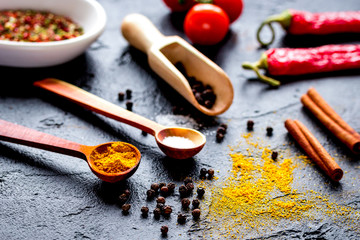 spices in wooden spoon on dark background