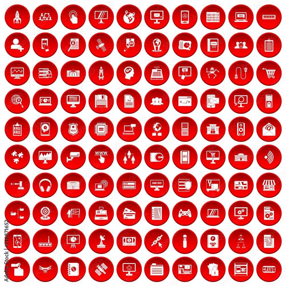 Poster 100 database icons set in red circle isolated on white vector illustration