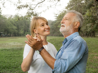 Fototapeta premium Happy smiling senior couple in love happy in park, dancing and having fun, Happy life