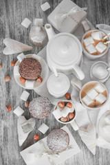 Teapot, cupcakes and different decorations