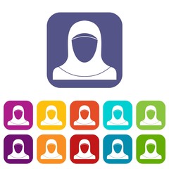 Muslim women wearing hijab icons set vector illustration in flat style in colors red, blue, green, and other