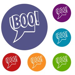 BOO, comic text speech bubble icons set in flat circle red, blue and green color for web