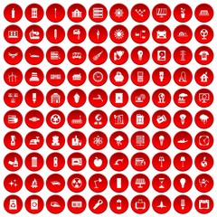 100 electricity icons set in red circle isolated on white vector illustration