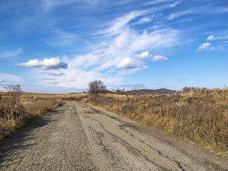 Fototapeta na wymiar Empty Bulgarian neglected asphalt country road vanishes through winter dry cereal fields