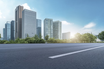 Air highway asphalt road and office building of commercial building in modern city