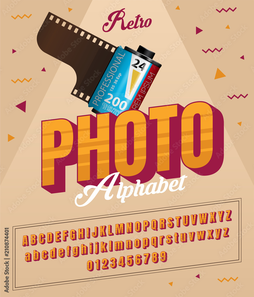 Fototapete stylized bold italic abstract retro alphabet and font of 80s, 90s in soft color with realistic camer