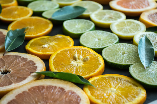 Slices Of Citrus-Lime, Orange, Lemon Grapefruit - Closeup And Overhead Angles