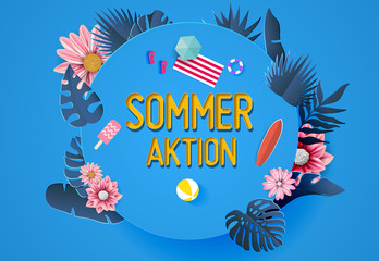Obraz premium Sommeraktion. Top view summer background vector in beach with umbrellas, balls, swim ring, sunglasses, surfboard, hat, sandals, juice, starfish and sea. 
