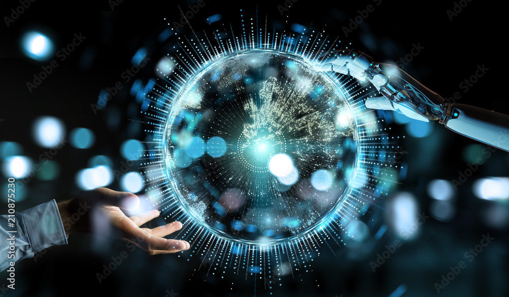 Aufkleber white humanoid hand using globe network hologram with europe map 3d rendering