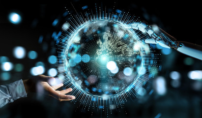 White humanoid hand using globe network hologram with Europe map 3D rendering