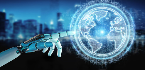 White robot hand using globe network hologram with America Usa map 3D rendering