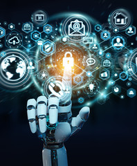 White robot hand using cyber security data interface 3D rendering