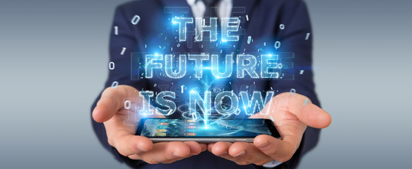 Businessman using future text interface 3D rendering