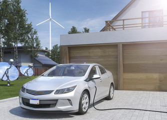 Modernes Elektroauto zu Hause laden mit Strom aus erneuerbaren Energien mit Windrad Hintergrund