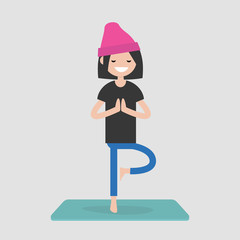 Young character practicing yoga. Relaxation. Meditation. Mental health. Lifestyle. Flat editable vector illustration, clip art