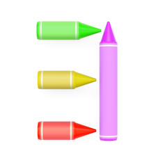 Colored wax crayons assembled like llogical symbol of existential quantification or exists on white background, 3D rendered font image