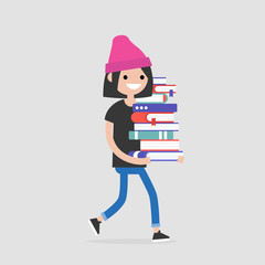 Education. Exam preparation. Smiling student holding a pile of books. Flat editable vector illustration, clip art