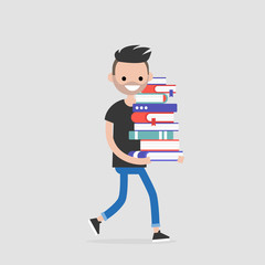 Education. Exam preparation. Smiling student holding a pile of books. Flat editable vector illustration, clip art