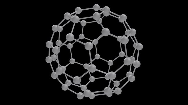 Buckminsterfullerene C60 carbon molecule, white with alpha channel, looping 3D