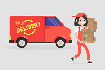 Delivery service. Young smiling courier holding a pile of parcels. Transportation. Flat vector illustration, clip art