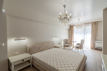 New luxury modern bedroom. New home. Interior photography.