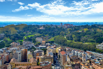 Rome, Italy with Vatican city. Famous Saint Peter's Square in Vatican and aerial view of the city with building and ancient cityscape.