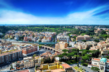 Rome, Italy with Vatican city. Famous Saint Peter's Square in Vatican and aerial view of the city with building and ancient cityscape.