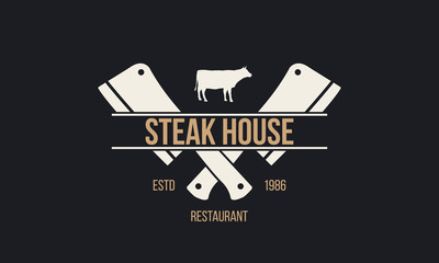Steak House - vintage logo concept. Steak House logo with cow and cleaver knives. Restaurant emblem. Template.  Vector illustration.