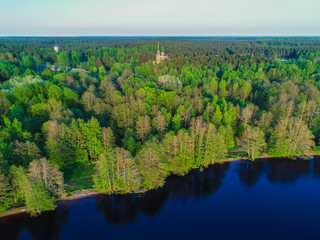 high view of the Gulf of Finland, forest and Islands at sunset