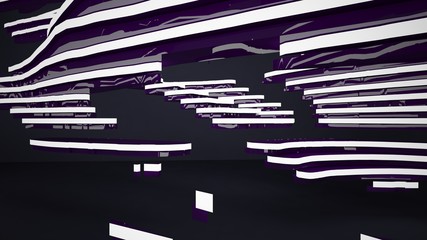 Abstract interior of the future in a minimalist style with violet sculpture. Night view from the backligh. Architectural background. 3D illustration and rendering