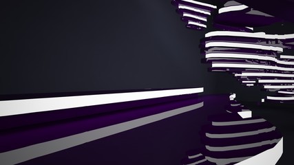 Abstract interior of the future in a minimalist style with violet sculpture. Night view from the backligh. Architectural background. 3D illustration and rendering