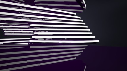 Abstract interior of the future in a minimalist style with violet sculpture. Night view from the backligh. Architectural background. 3D illustration and rendering