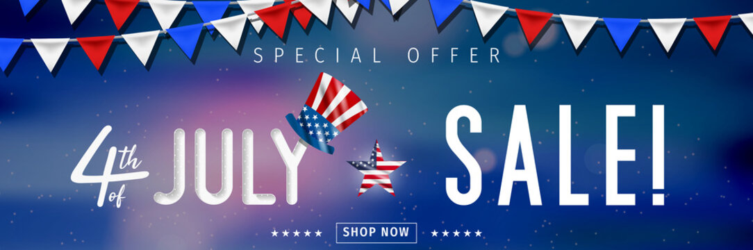Banner for 4th of July Sale design. Independence day sale with 3d percent symbol. Vector illustration for business promotion.
