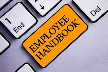 Conceptual hand writing showing Employee Handbook. Business photo text Document Manual Regulations Rules Guidebook Policy Code Text two words orange insert button key press on grey computer.