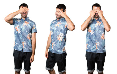 Set of Handsome man with flower shirt covering his eyes