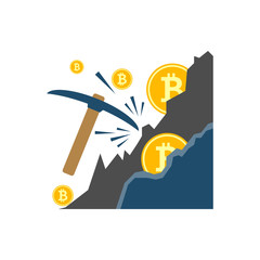 Mining Concept, Pickaxe, Bitcoin, Rock Flat Related Vector Icon. Isolated on White Background.
