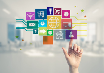 Modern office interior and close of businesswoman hand choosing 