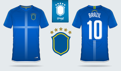 Naklejka premium Soccer jersey or football kit template design for Brazil national football team. Front and back view soccer uniform. Football t shirt mock up. Vector Illustration