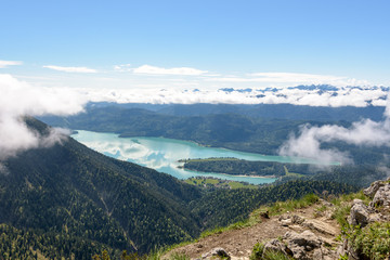 View from Heimgarten on alpine lake Walchensee.