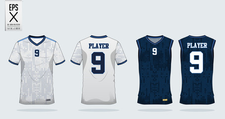 Blue square pattern t-shirt sport design template for soccer jersey, football kit and tank top for basketball jersey. Sport uniform in front and back view. Tshirt mock up for sport club. Vector.